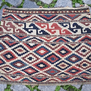 Terrific Antique Rare Caucasian Kilim Bag Face, 21'' x 16'' Collector's Piece Kilim Bag Face Rug, Flat Woven Caucasian Kilim Bag Face Rug,