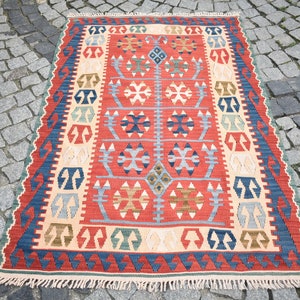 Turkish Rug, 3&#39;7&#39;&#39; x 5&#39;7&#39;&#39; ft, Anatolian Handwoven Kayseri Wool Kilim Area Rug, 114 x 173 cm, Home Decor Kilim Rug, Flat Woven Kilim Rug,