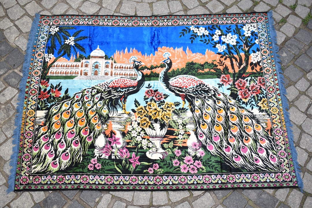 Grande Tapisserie Murale Vintage Paons - Coton Velours Made In Turquie 54x36 Pouces