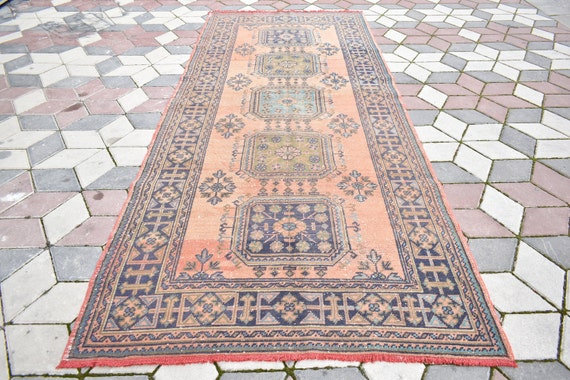 Vintage Oushak Turkish Rug, 4.5x11.1 Ft, Hand-knotted Wool Carpet