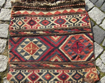 Fabulous Antique Caucasian Kilim Bag, Collector's Piece Fragment Kilim Bag, 21'' x 22'' Awesome Wall Hangings Piece,