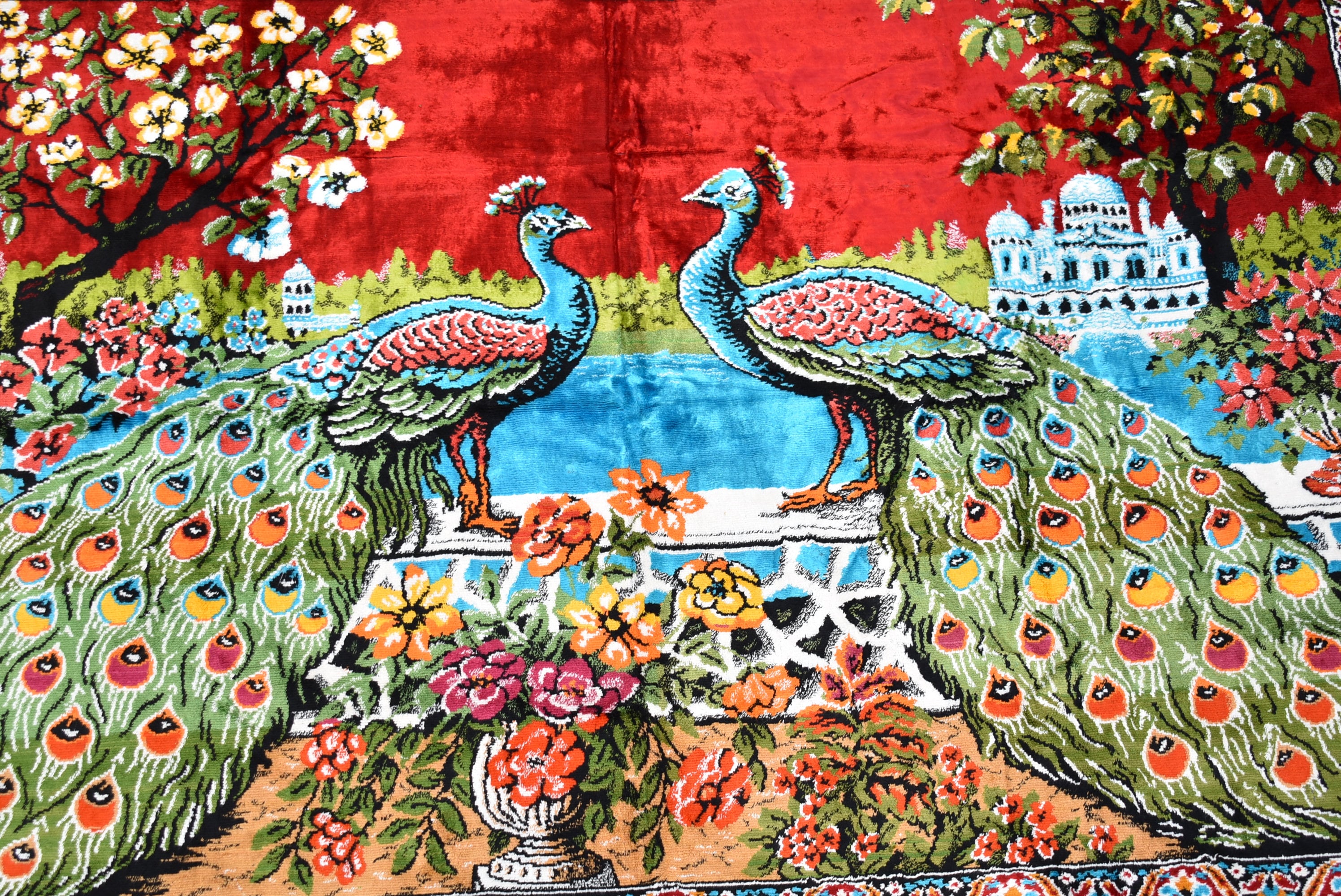 Tapisserie Murale Vintage – Double Paon Sur Velours Coton, Made In Turkey, 54x36 Pouces