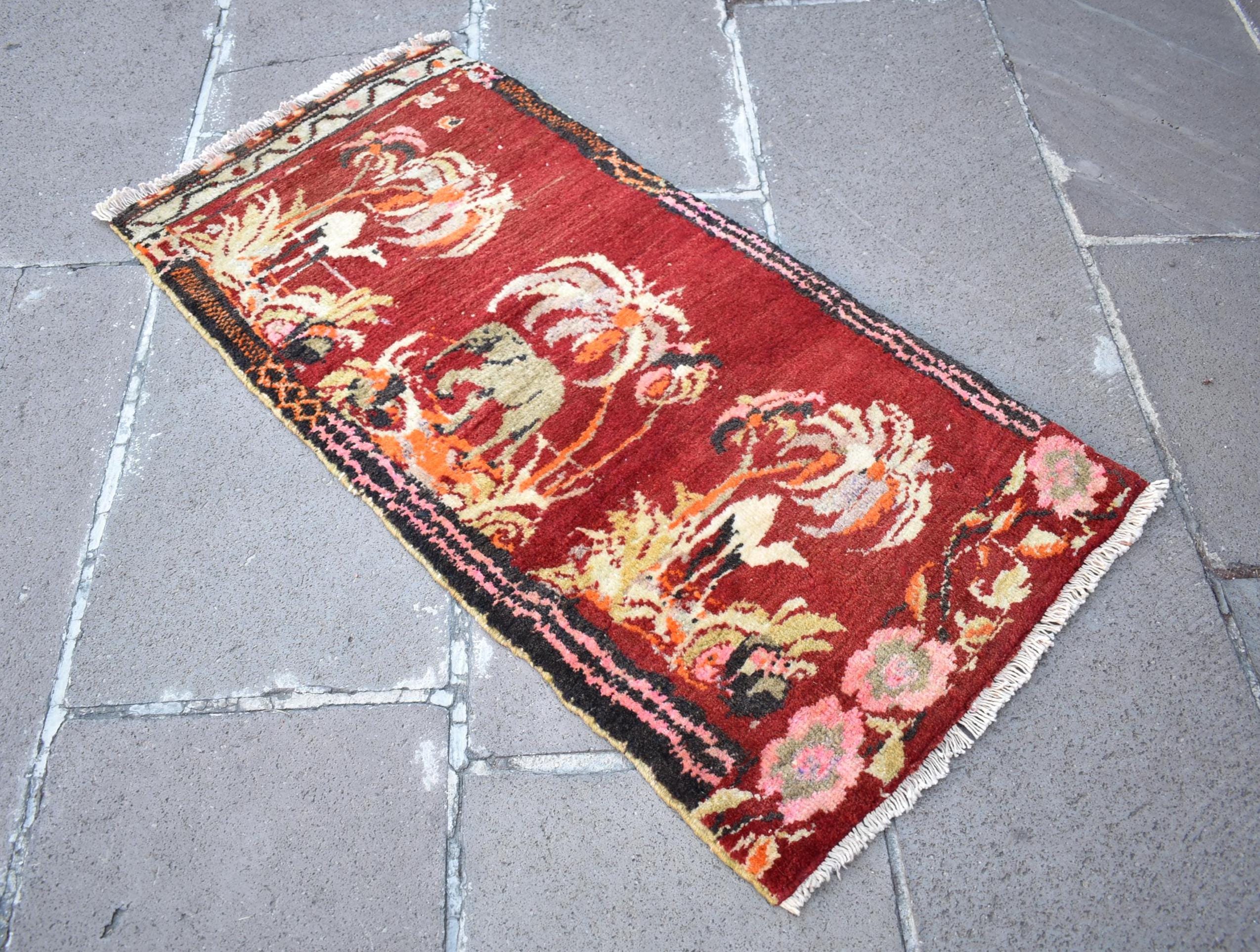 トルコ絨毯、19インチ x 36インチ、ヴィンテージの希少なデザイン