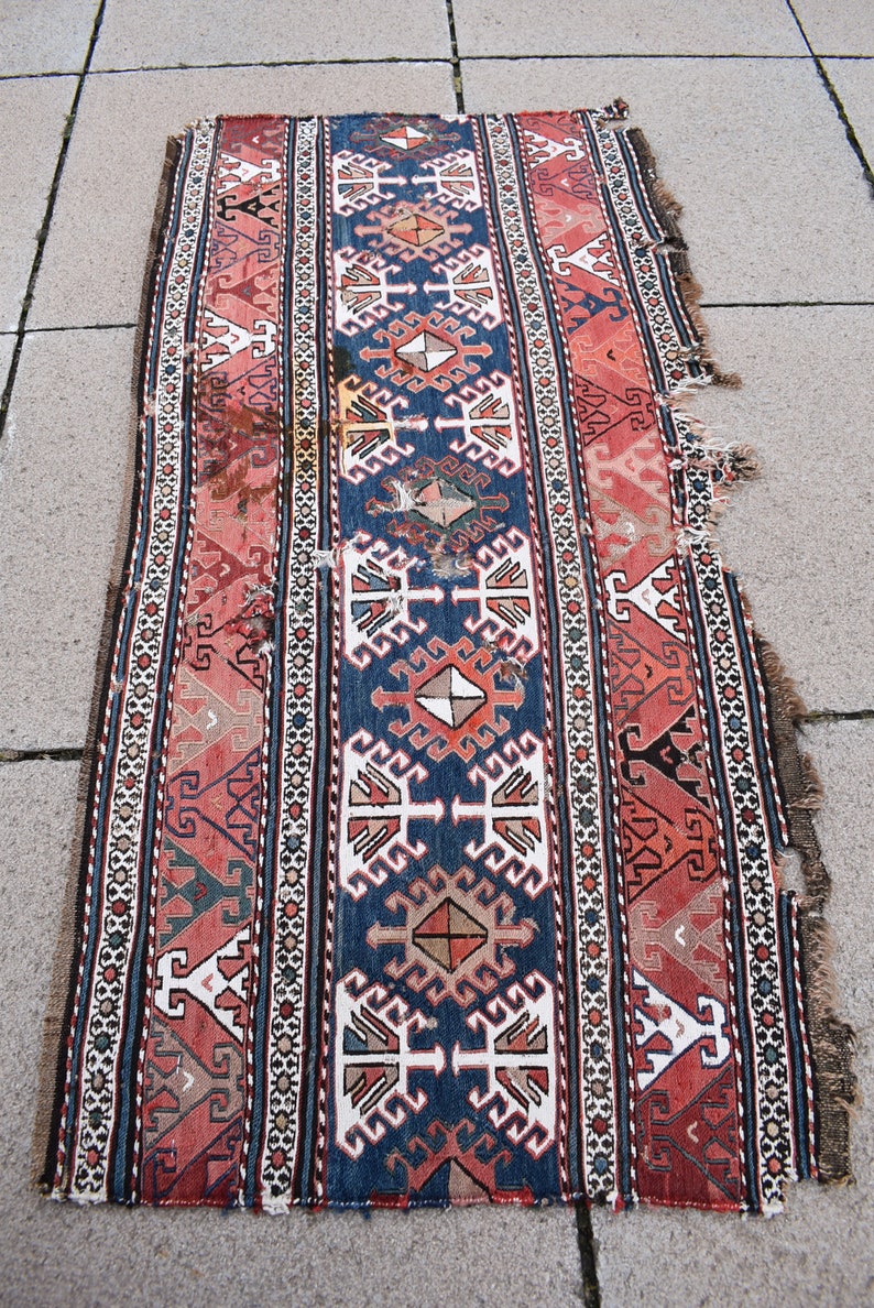 Masterpiece Rare Antique Shahsavan Soumak Panel Kilim Rug 3'2 X 1'6ft