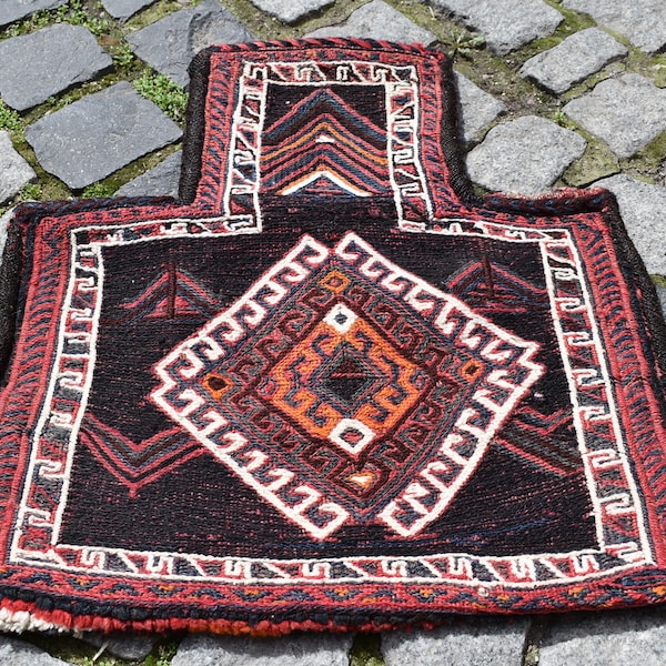 Terrific Antique Sumak Salt Bag Rug, 18'' x 20''  Shahsavan Sumak Kilim Salt bag, Caucasian Collectors Piece, Sumak Weave Salt Bag Rug,