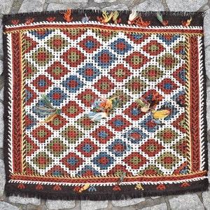 Terrific Antique Turkish Kilim Bag Face 1'9'' x 1'7'' ft, Anatolian Collectors Piece Cicim Kilim Bag Face, Embroidered Woven Kilim Bag Face