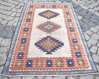 Türkischer Oushak Teppich 70 x 120 cm Vintage Anatolischer Teppich in Süße Farben Boho Teppich