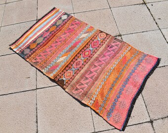 Pink Kilim Rug  26&#39;&#39; X 48&#39;&#39; Vintage Anatolian Adana Taurus Mountain Nomads Embroidered Kilim Rug