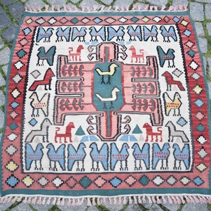 Caucasian Kilim Rug, 40&#39;&#39; x 38&#39;&#39; Caucasian Flat Woven Kilim Animal Design Kilim Rug, Organic Wool Kilim Rug, Bohemian Area Kilim Rug,