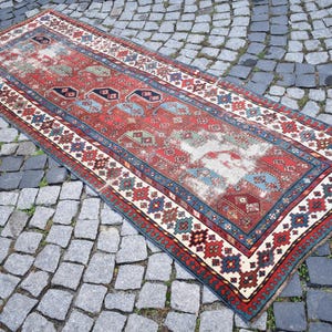 Fabulous Antique Kazak Rug, 45&#39;&#39; x 95&#39;&#39; Caucasian Collector Item Genje Kazak Rug, Antique Worn Kazak Rug, Vegetable Dye Wall Hangings Rug,