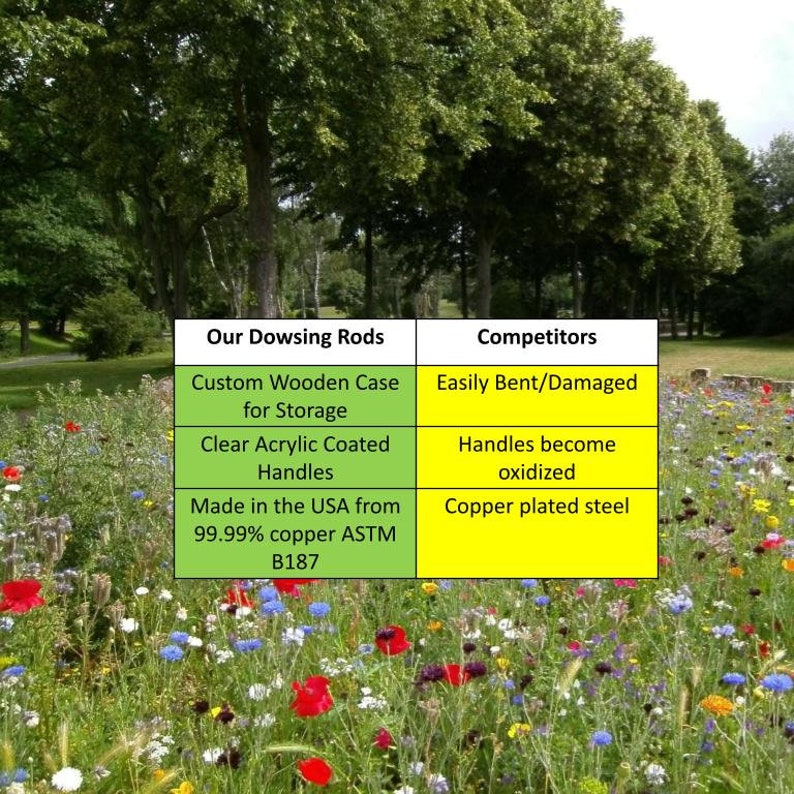 Puede incluir: Una tabla comparativa de varillas de zahor&iacute;, con un fondo de flores silvestres. La tabla destaca caracter&iacute;sticas como un estuche de madera personalizado y mangos recubiertos de acr&iacute;lico transparente. El texto tambi&eacute;n menciona la composici&oacute;n de cobre.