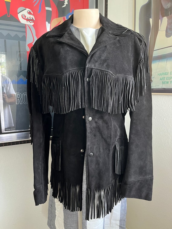 Vintage 1960s Excelled Black Fringe Suede Jacket … - image 1