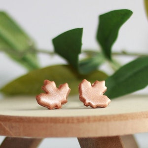 Peut inclure: Une paire de petites boucles d'oreilles en forme de feuille dorées sur un support en bois. Les boucles d'oreilles sont de couleur or clair et ont un léger éclat.