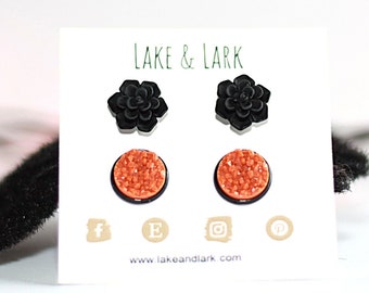 Halloween Stud Earring Set, Succulent stud earrings, Black Orange Earrings, Spooky Jewelry