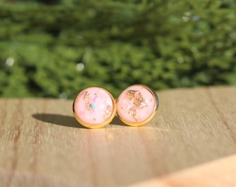 Pastel Pink Gold Cabochon Stud Earrings, Valentine's Day Earrings, Bridesmaid Gift