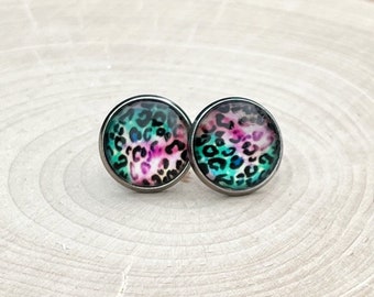 Aqua Pink Leopard Print Stud Earrings, Cheetah Print Stud Earrings, Animal Print Stud Earrings