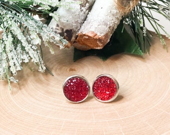 Red Druzy Stud Earrings, Christmas earrings, Valentine's Day earrings