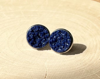 Navy Blue Druzy Stud Earrings