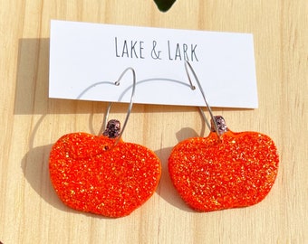 Fall Pumpkin Glitter Hoop Earrings, Autumn Jewelry, Halloween earrings
