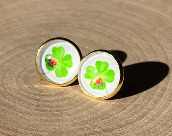 Shamrock Stud Earrings, Saint Patricks Day Earrings, Lucky Four Leaf Clover Jewelry, Ladybug Earrings, Irish Jewelry