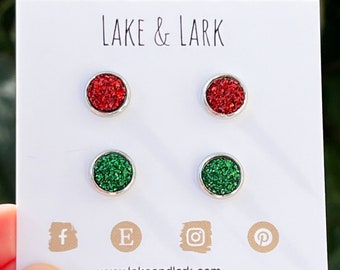 8mm Christmas Glitter Stud Earrings, Gift Set, druzy stud earrings