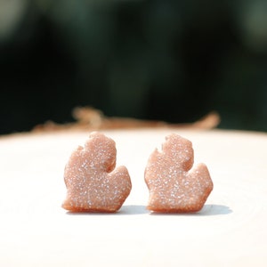 May include: A pair of small, sparkly, light brown earrings shaped like the state of Michigan.