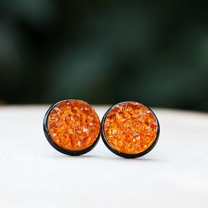 Halloween Druzy Stud Earrings, Black Orange Earrings, Spooky Jewelry