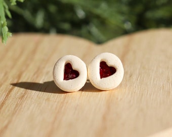 Heart Thumbprint Cookie Stud Earrings, Polymer Clay Jewelry, Food Jewelry, Miniature Food Jewelry, Jam Thumbprint Cookies
