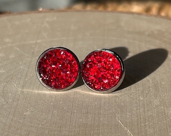 Red Druzy Stud Earrings, Christmas earrings, Valentine's Day earrings