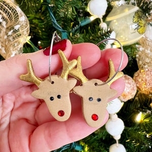 Reindeer Christmas Hoop Earrings, Clay Earrings, Polymer clay jewelry