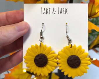 Clay Sunflower Earrings, Fall Floral Earrings, Autumn Statement Earrings, Lightweight Earrings