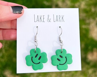 Smiling Shamrock St Patricks Day Earrings, Smiley Face Four Leaf Clover, Saint Patricks Day Earrings, Polymer clay earrings