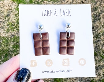 Clay Chocolate Candy Bar Earrings, Polymer Clay Jewelry, Food Jewelry, Gift for Chocoaholic, Miniature food jewelry