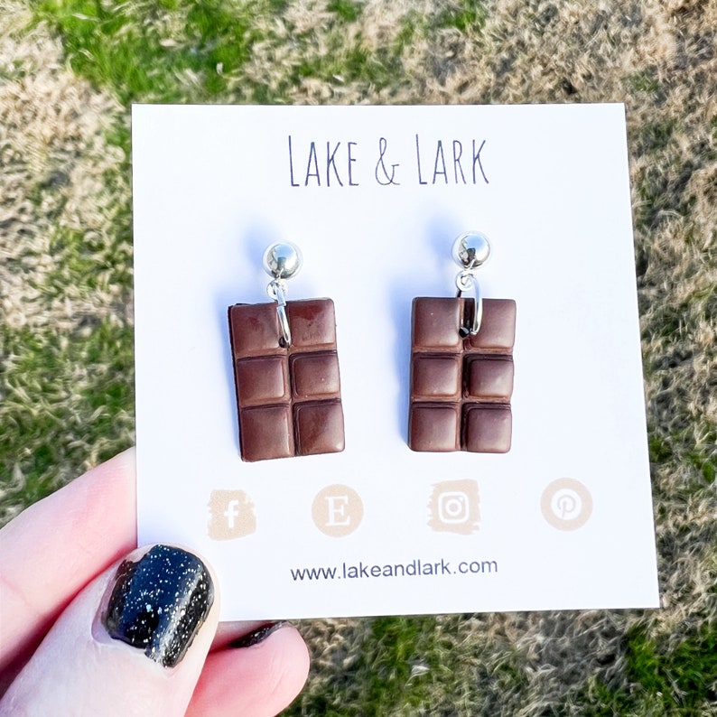 Clay Chocolate Candy Bar Earrings, Polymer Clay Jewelry, Food Jewelry, Gift for Chocoaholic, Miniature food jewelry image 1