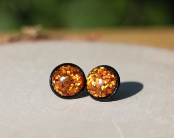 Glitter Halloween Stud Earrings, Black Orange Earrings, Spooky Jewelry