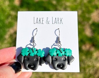 Black Lab Dog Earrings, Dog Shamrock Crown, Black Labrador Retriever Dog Mom Gift, Saint Patricks Day Earrings