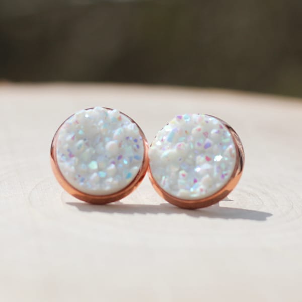 Rose Gold White Druzy Stud Earrings