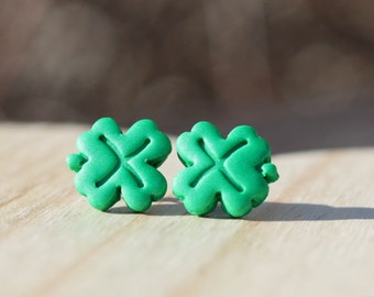 Shamrock Stud Earrings, Polymer Clay Jewelry, St. Patrick's Day earrings, lucky four leaf clover stud earrings