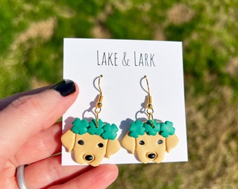 Yellow Lab Dog Earrings, Dog Shamrock Crown, Yellow Lab Dog Mom Gift, Saint Patricks Day Earrings, Labrador Retriever, Golden Retriever Gift