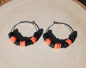 Halloween Hoop Earrings, Clay Heishi Bead Hoop Earrings, Black Orange Halloween Jewelry
