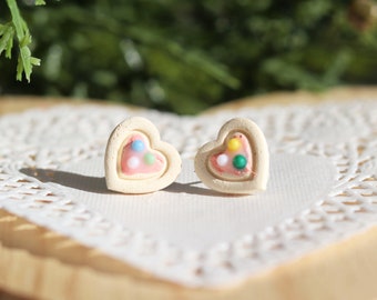 Heart Sugar Cookie Stud Earrings, Polymer Clay Jewelry, Food Jewelry, Miniature Food Jewelry, Valentine's Day Earrings