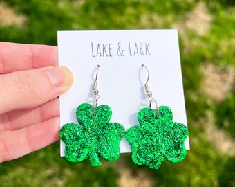 Glitter Shamrock Earrings, Polymer Clay Earrings, Saint Patricks Day Jewelry, Lucky four leaf clover