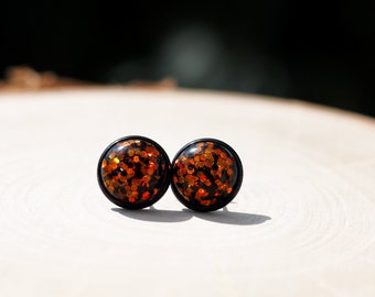 Glitter Halloween Stud Earrings, Black Orange Earrings, Spooky Jewelry