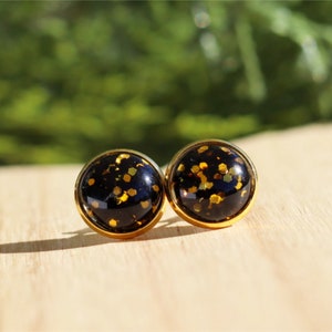 Gold Black Glitter Stud Earrings, Sparkly Black stud earrings, New Years Earrings