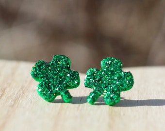 Glitter Shamrock Stud Earrings, Polymer Clay Earrings, St. Patrick's Day earrings, Saint Patricks Day, Four Leaf Clover, Irish Jewelry