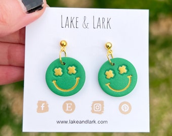 Shamrock Eyes Smiley Face Earrings, Saint Patricks Day Earrings