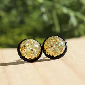 Gold Glitter Stud Earrings, Black gold stud earrings, New Years Earrings