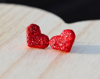 Glitter Red Heart Stud Earrings, Polymer Clay Jewelry, Polymer Clay Earrings, Valentines Day earrings