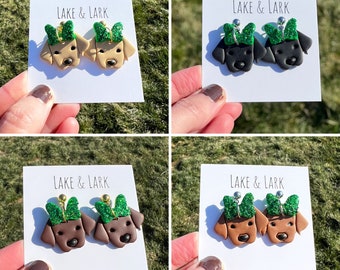 Green Glitter Bow Dog Earrings, St Patricks Day Earrings, Dog Mom gifts, Labrador Retriever, Golden Retriever gifts, Viszla dog gift