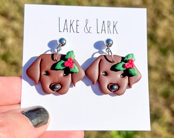 Chocolate Lab Christmas Dog Earrings, Dog Mom gifts, Labrador Retriever, Dog Lover Gift
